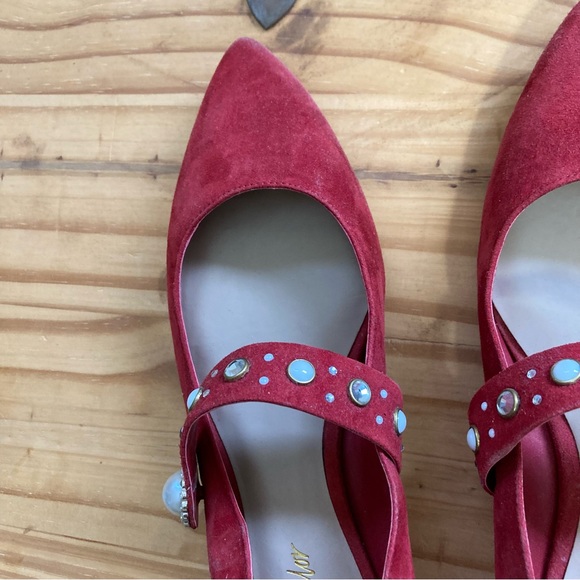 Lord &Taylor size 6.5 Red Suede Flats with Stones on Strap Good Condition - Picture 3 of 12